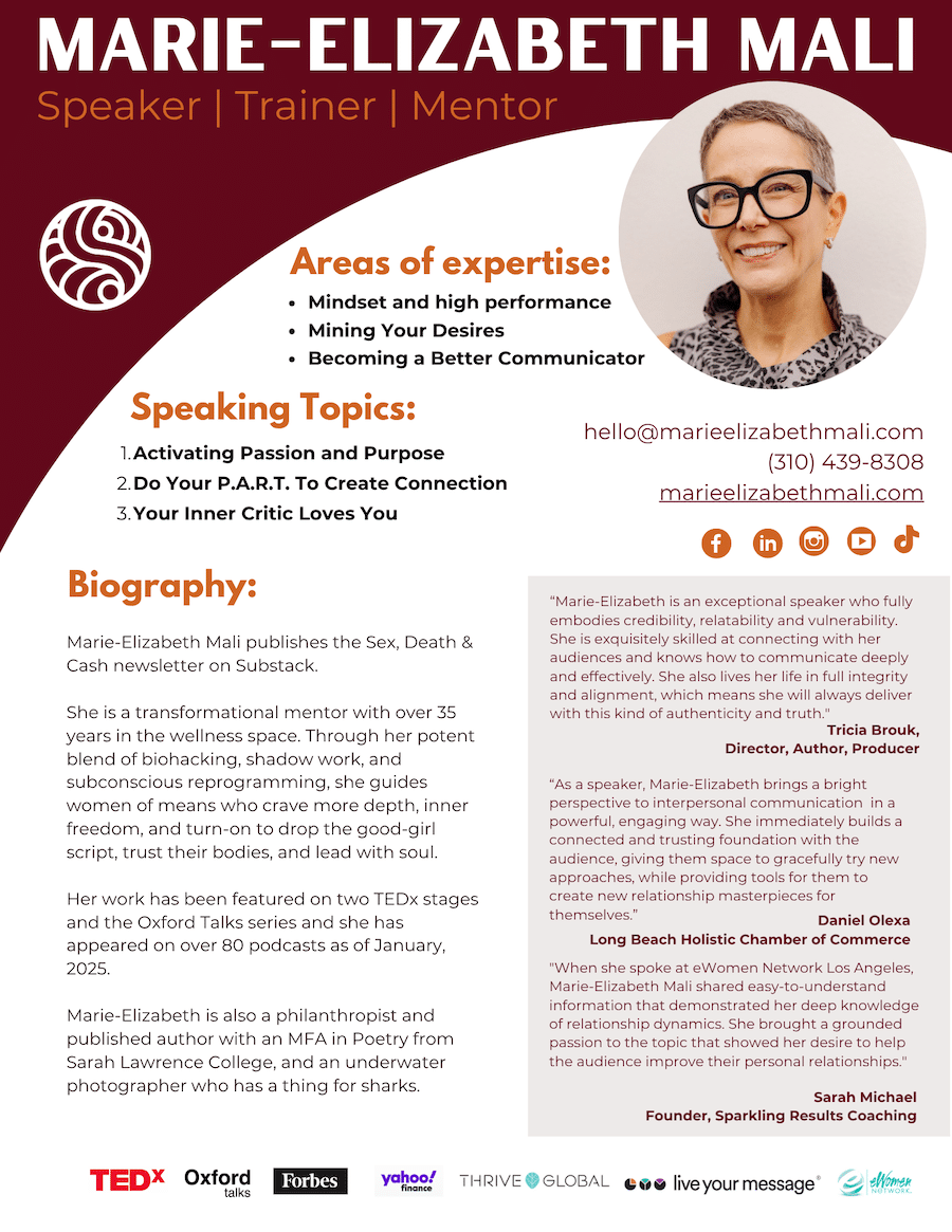 2025 MEM Media One Sheet lower res Media One Sheet for Marie-Elizabeth Mali