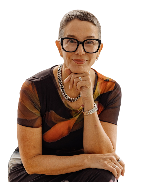 Seated woman with glasses