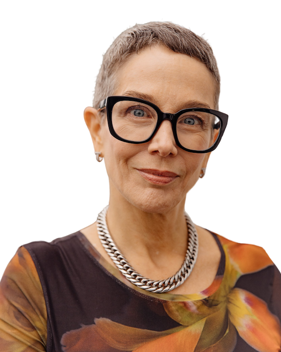 Woman with short hair and glasses