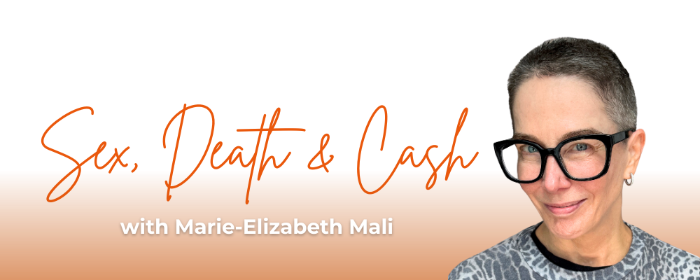 Sex, Death & Cash banner with photo of a short-haired woman with glasses